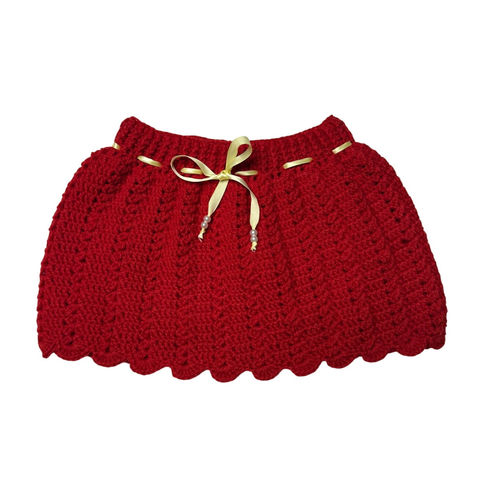 Handmade Red Crochet Mini Skirt Yellow Ribbon Pearl Coquette Scalloped New